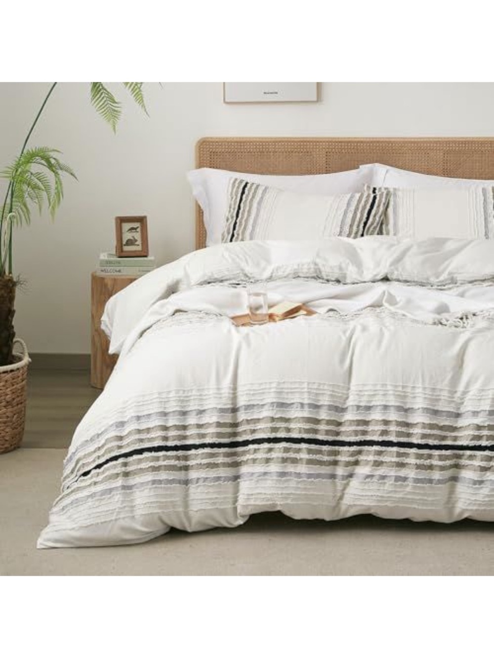 White Ombre Tufted Stripe Queen Duvet Cover Set